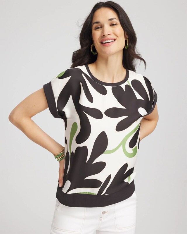 Floral Rib-Knit Satin Top - image 1